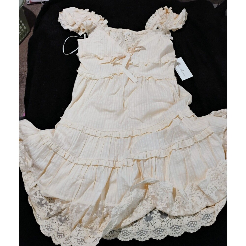 Camellia Women's Cream Lace Trim Tiered Ruffle Dress